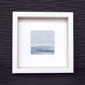 Seascape IX by Sarah Knight. An original semi-abstract mini oil seascape of stormy seas in blues and greys with optional frame front
