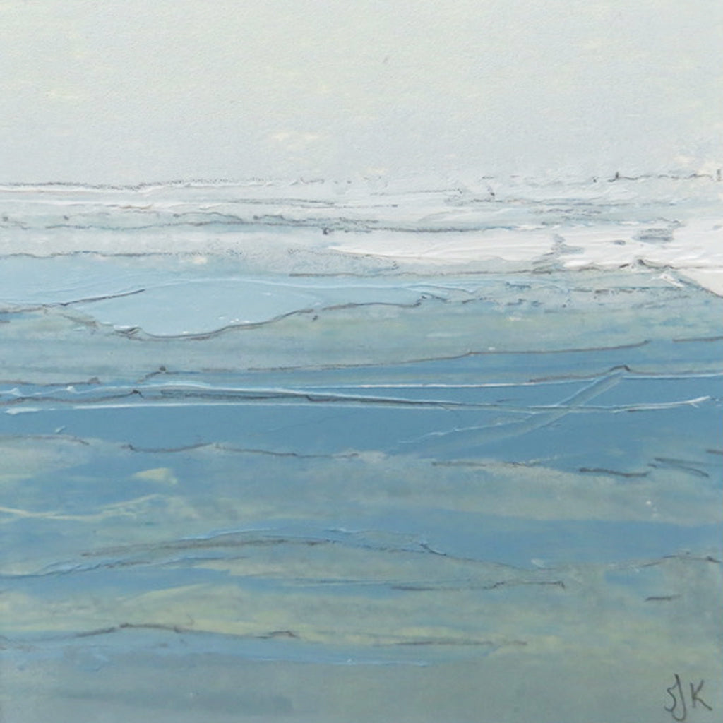 Seascape XVIII by Sarah Knight. An original semi-abstract mini oil seascape of calm seas in blue, green and grey with optional frame