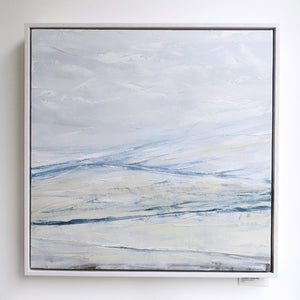 Seascape in Cerulean Blue by Sarah Knight. An original semi-abstract large oil seascape painted in shades of blue, white and grey framed
