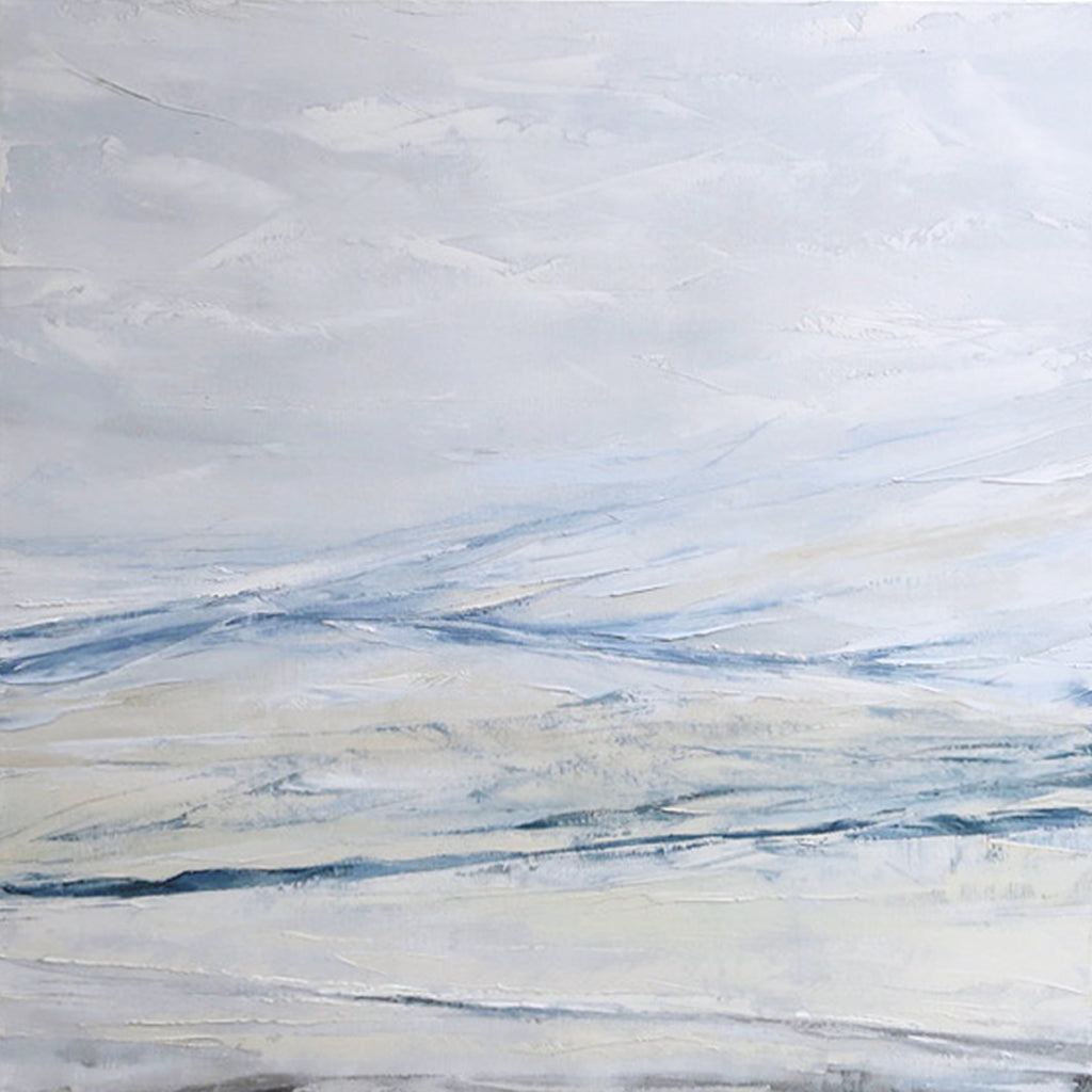 Seascape in Cerulean Blue by Sarah Knight. An original semi-abstract large oil seascape painted in shades of blue, white and grey framed