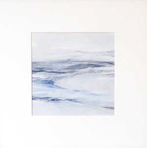 Seascape in Lismer Blue by Sarah Knight. An original semi-abstract mini oil seascape of calm seas in blue, green and grey with optional frame in mount