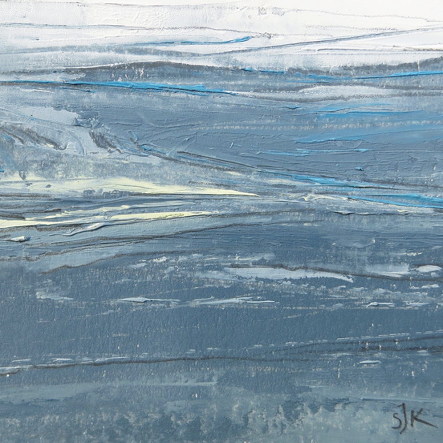 Seascape VIII by Sarah Knight original semi-abstract mini oil seascape palette knife painting in shades of grey blue and turquoise