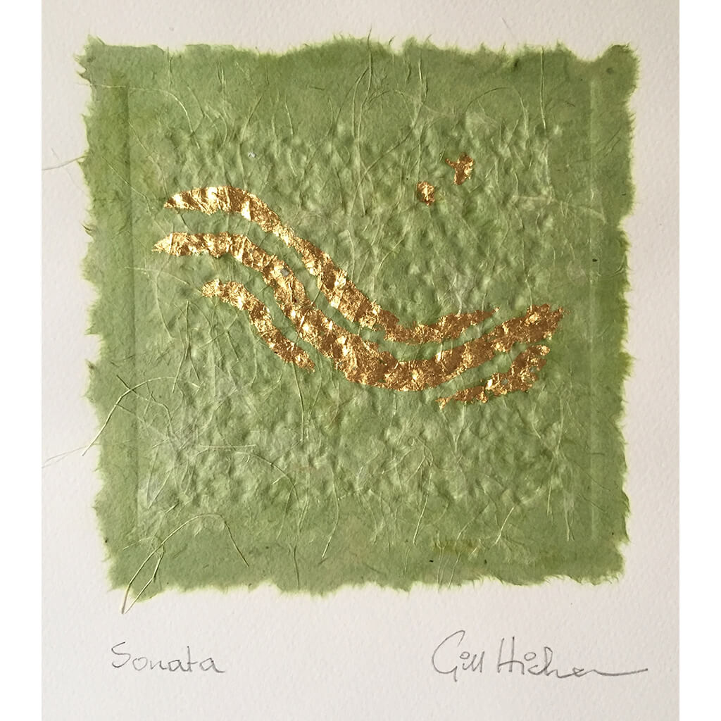 Sonata by Gill Hickman a collage artwork in green and gold