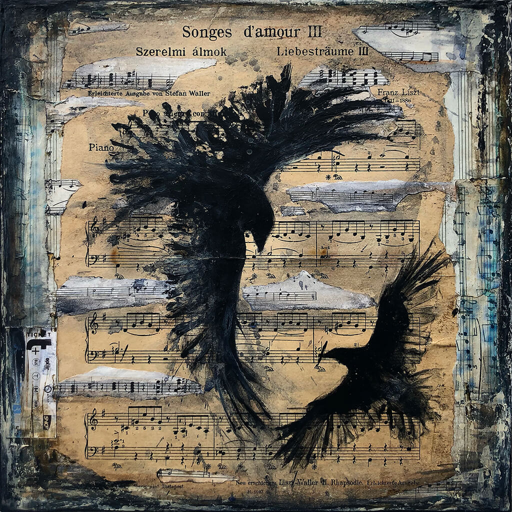 Songes d'amour III mixed media on canvas painting of raven birds by Sarita Keeler