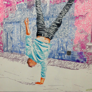 Jonathan Last street performer South Bank London acrobat portrait drawing original artwork by Stella Tooth artist detail