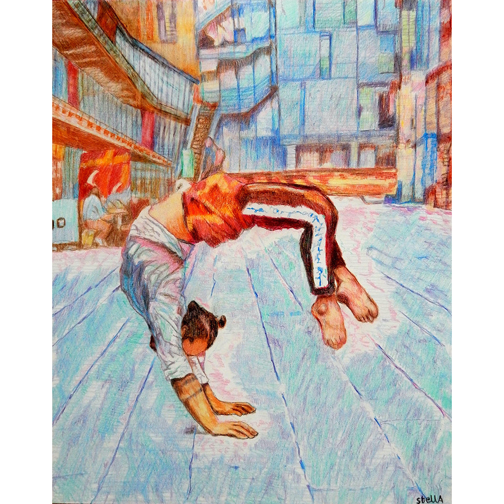 Manuele d’Aquino street performer South Bank London acrobat portrait drawing original artwork by Stella Tooth artist