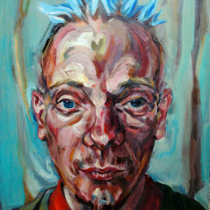 Spikey bed o’ nails performer oil painting on canvas in green and blue by London based portrait artist Stella Tooth
