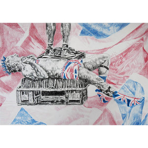 Spikey Union Jack busker performing in Covent Garden in London pencil drawing on paper artwork by Stella Tooth