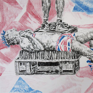 Spikey Union Jack busker performing in Covent Garden in London pencil drawing on paper artwork by Stella Tooth detail
