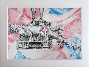 Spikey Union Jack busker performing in Covent Garden in London pencil drawing on paper artwork by Stella Tooth Display
