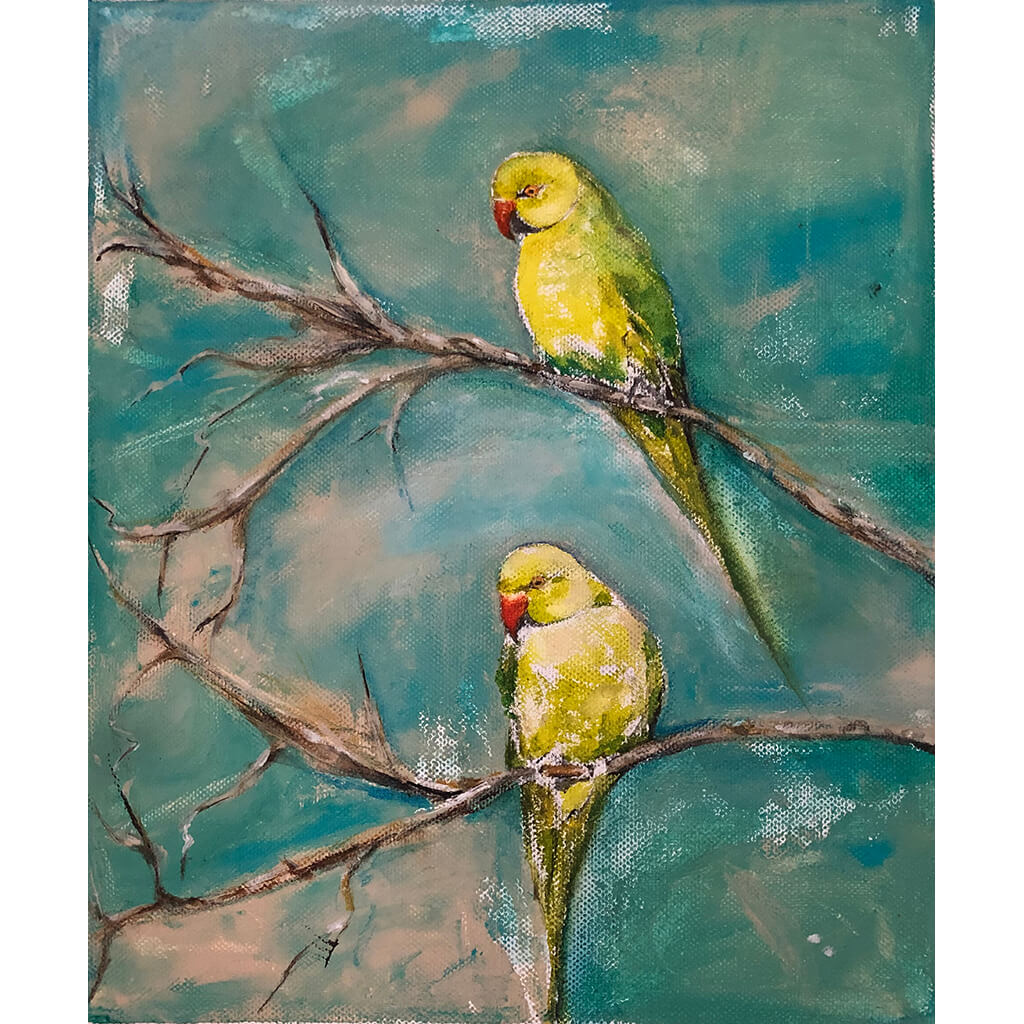 Spring Time original acrylic and pastel mixed media artwork of a green parakeet bird by London artist Sarita Keeler