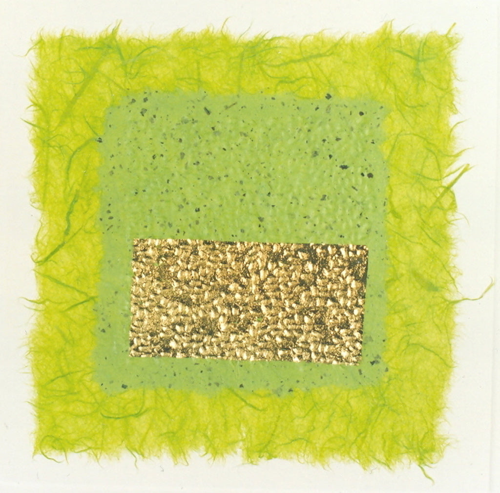 spring, abstract embossed collage in green and gold by London-based textural artist gill hickman