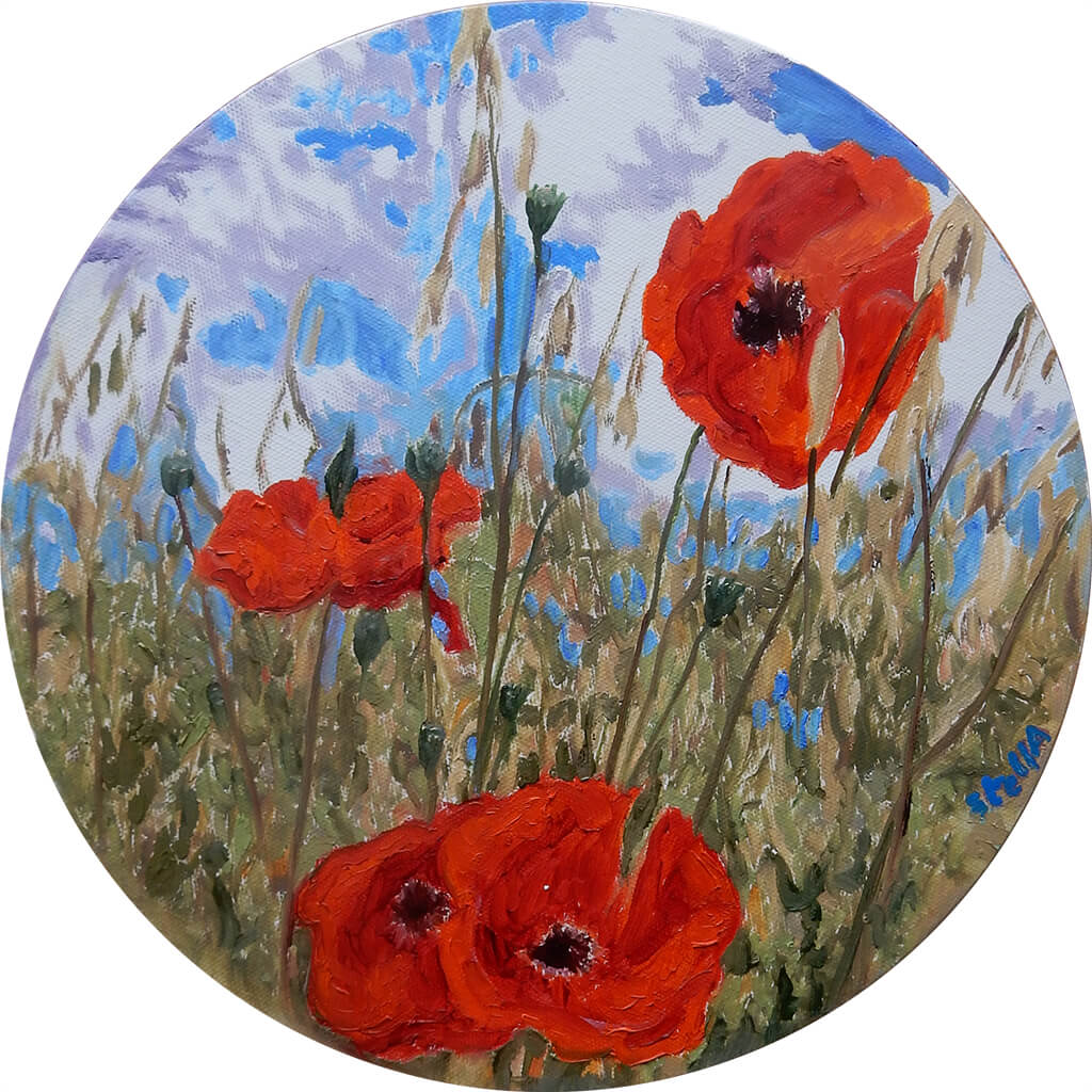 Poppies Original Oil Painting on Round Canvas by Stella Tooth