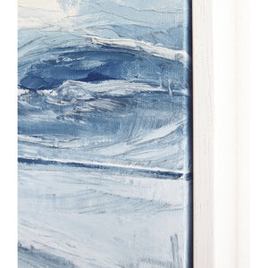 Stone Blue Storm by Sarah Knight. An original semi-abstract oil seascape painted in shades of blue and grey framed in white wood frame detail