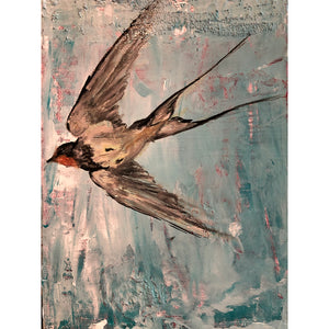 Swallow original small acrylic painting by London artist Sarita Keeler depicting a bird in flight across a blue sky