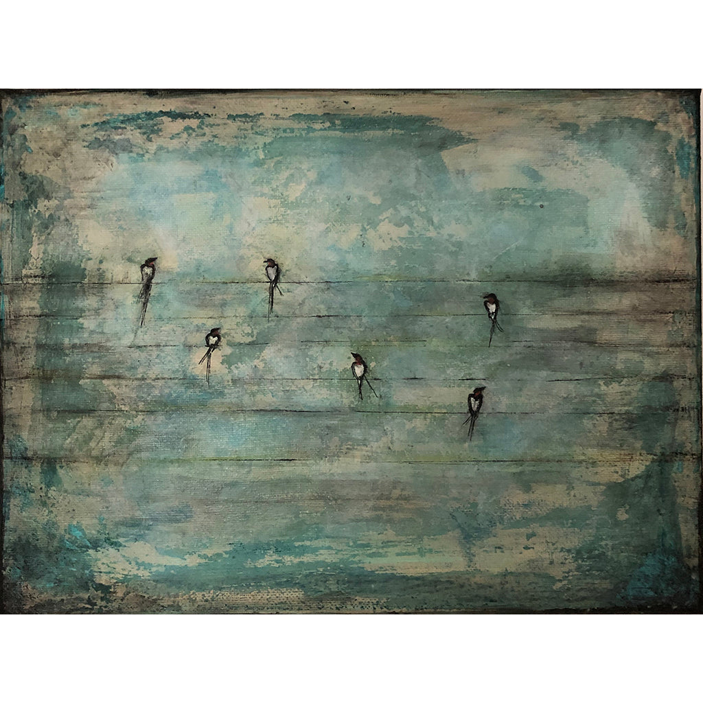 Swallows original acrylic painting by London artist Sarita Keeler depicting a bird in flight across a blue sky