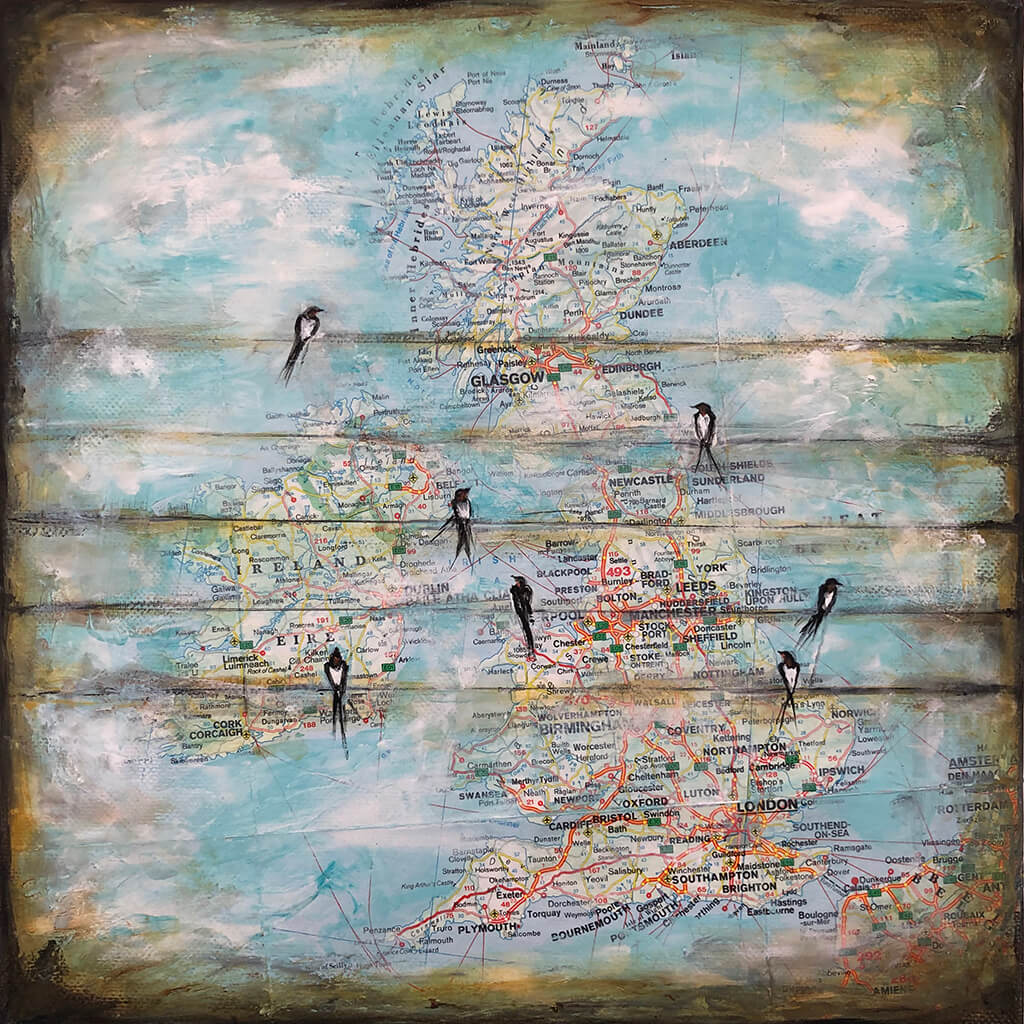 Swallows birds on telegraph wires original acrylic mixed media artwork by London artist Sarita Keeler