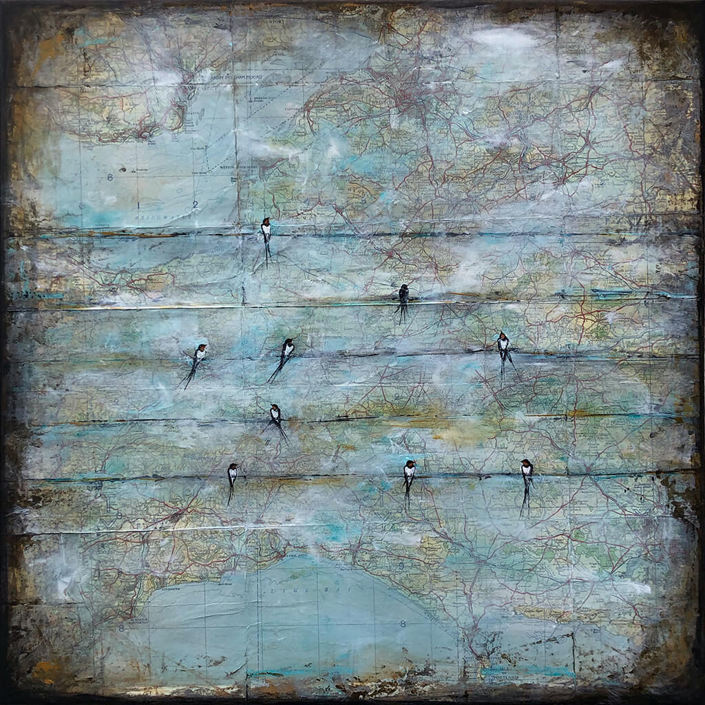 Swallows on a Wire acrylic on canvas painting of birds lined up on telegraph wires by Sarita Keeler