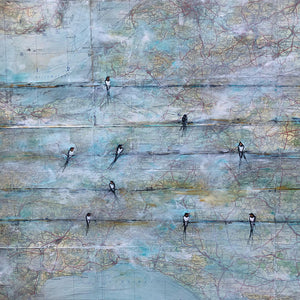Swallows on a Wire acrylic on canvas painting of birds lined up on telegraph wires by Sarita Keeler
