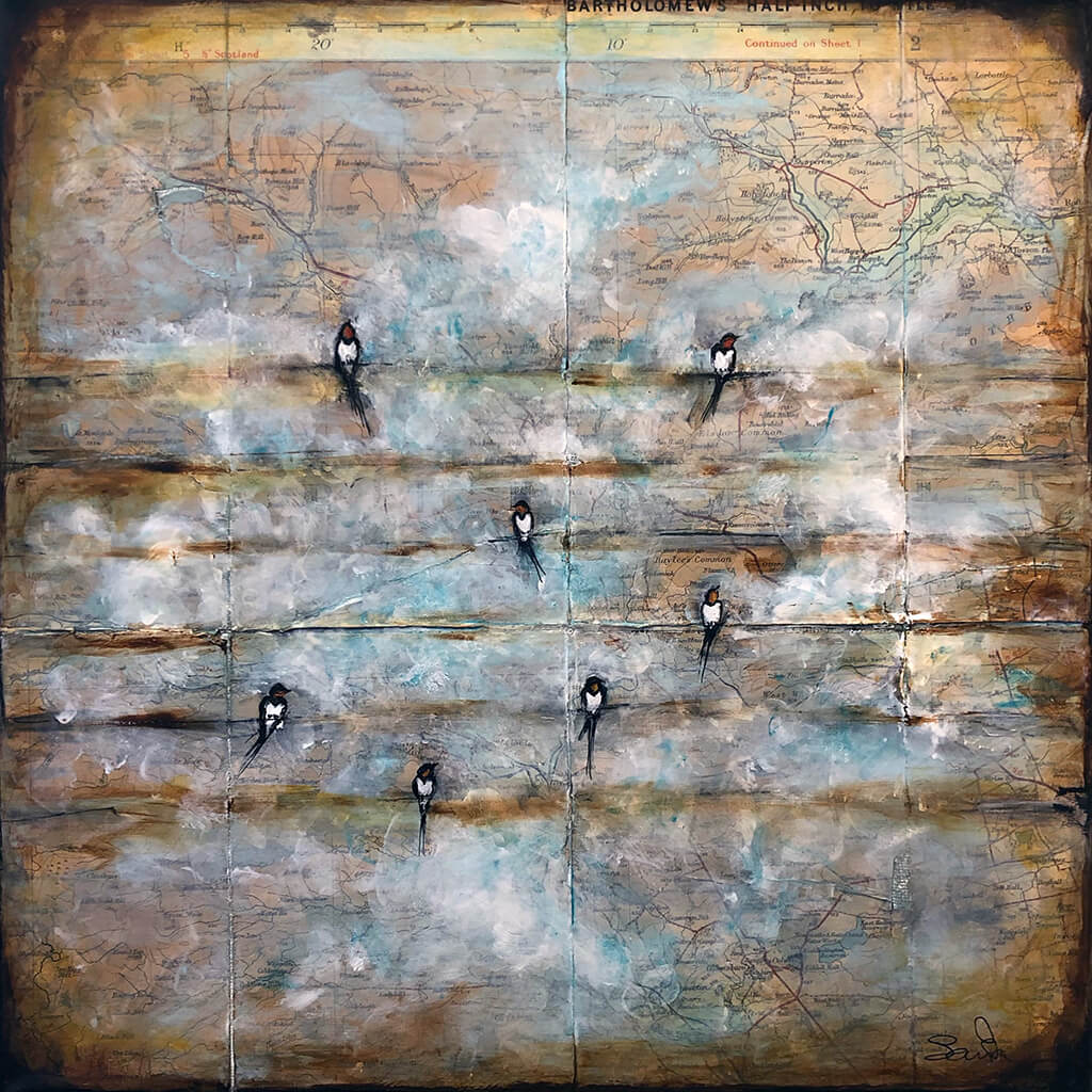 Swallows on Wire mixed media original painting by Sarita Keeler