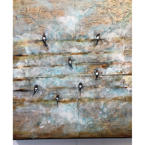 Swallows on Wire mixed media original painting by Sarita Keeler