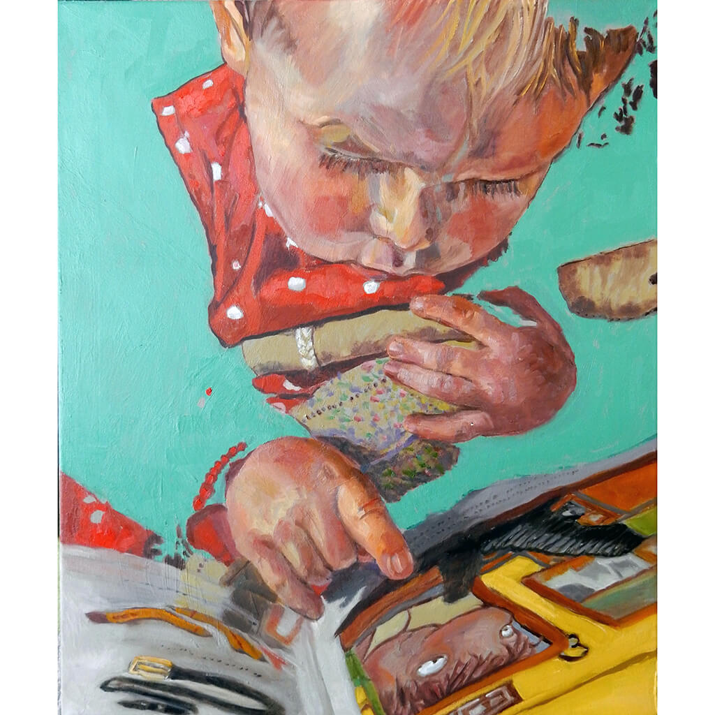 The Art of Reading by Stella Tooth is a charming original oil on canvas painting of a little girl reading a book