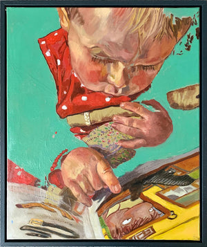 The Art of Reading by Stella Tooth is a charming original oil on canvas painting of a little girl reading a book display