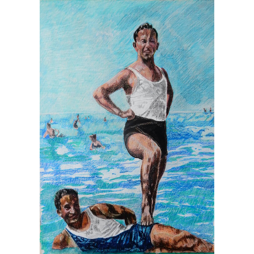 Two male seaside swimmers pencil on paper in aqua blue by London based portrait artist Stella Tooth