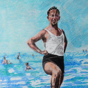 Two male seaside swimmers pencil on paper in aqua blue by London based portrait artist Stella Tooth display