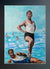 Two male seaside swimmers pencil on paper in aqua blue by London based portrait artist Stella Tooth display