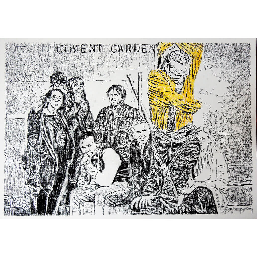 The Escapologist in straightjacket busking in Covent Garden London pencil drawing on paper original artwork by Stella Tooth