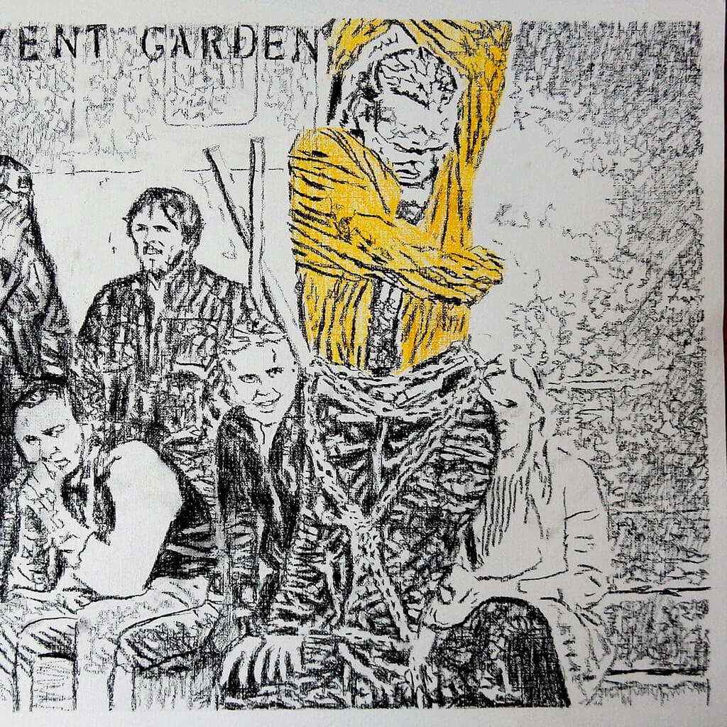 The Escapologist in straightjacket busking in Covent Garden London pencil drawing on paper original artwork by Stella Tooth detail