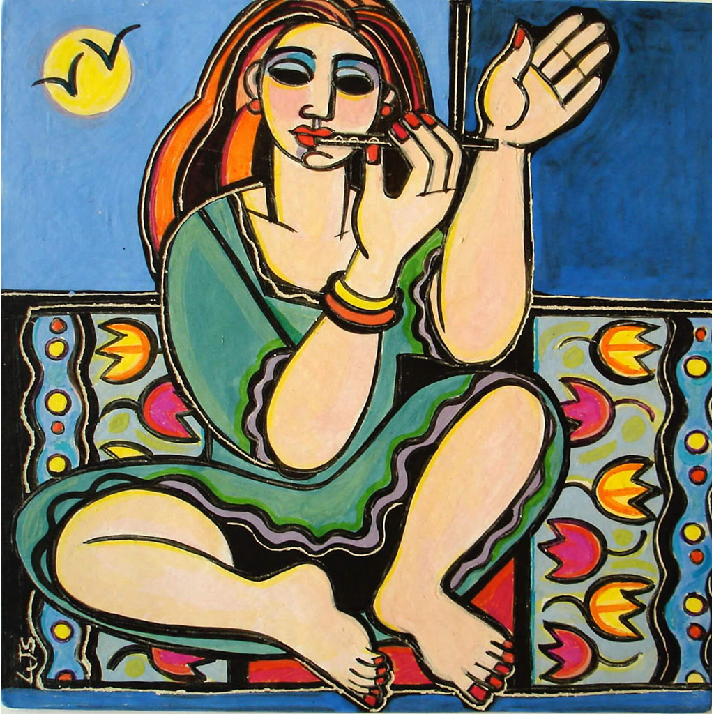 Flute Player by Linda Samson ceramic tile painting