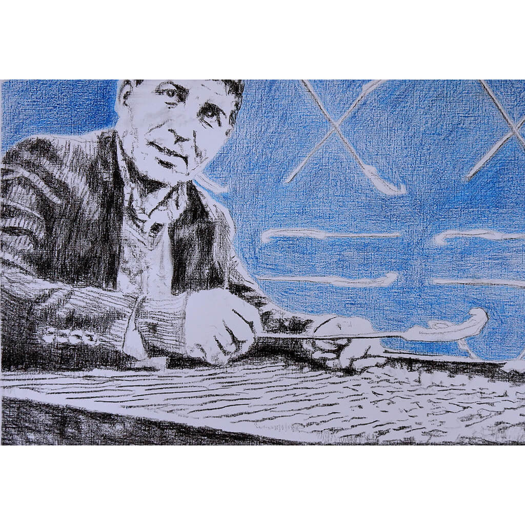 A Greek sandouri playing musician performing on the streets of London mixed media drawing on paper artwork by Stella Tooth