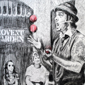 Juggling busker Corey Pickett performing in Covent Garden London pencil drawing on paper by Stella Tooth portrait artist detail