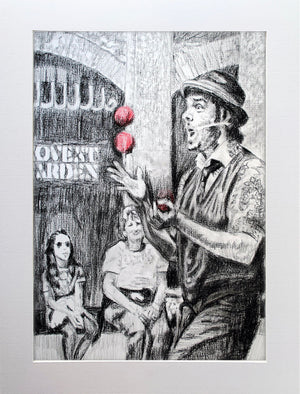 Juggling busker Corey Pickett performing in Covent Garden London pencil drawing on paper by Stella Tooth portrait artist display
