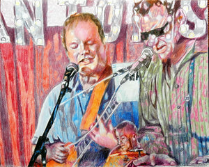 The Phantoms at the Half Moon Putney pencil drawing of musicians by performer artist Stella Tooth display