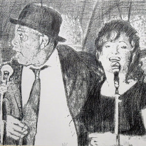 Original monochrome drawing of The Rawhides by London musician artist Stella Tooth mounted pencil artwork detail