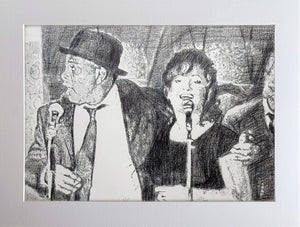 Original monochrome drawing of The Rawhides by London musician artist Stella Tooth mounted pencil artwork display