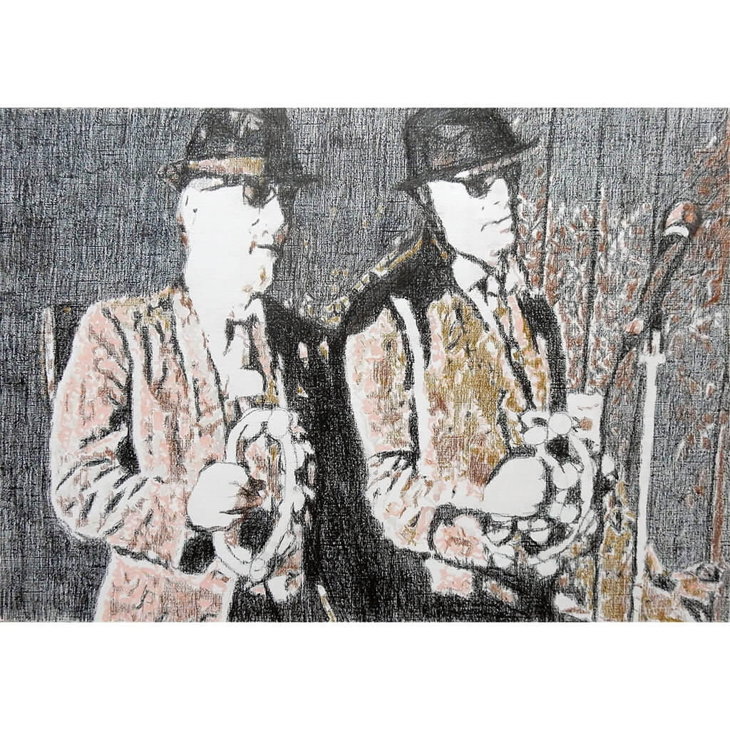 The Rawhides musicians performing at The Hideaway Streatham original pencil drawing on paper artwork by Stella Tooth