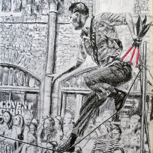 A slackliner artist performing in Covent Garden London to onlookers pencil drawing on paper by Stella Tooth portrait artist detail