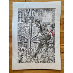 A slackliner artist performing in Covent Garden London to onlookers pencil drawing on paper by Stella Tooth portrait artist mounted