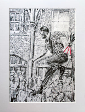 A slackliner artist performing in Covent Garden London to onlookers pencil drawing on paper by Stella Tooth portrait artist display