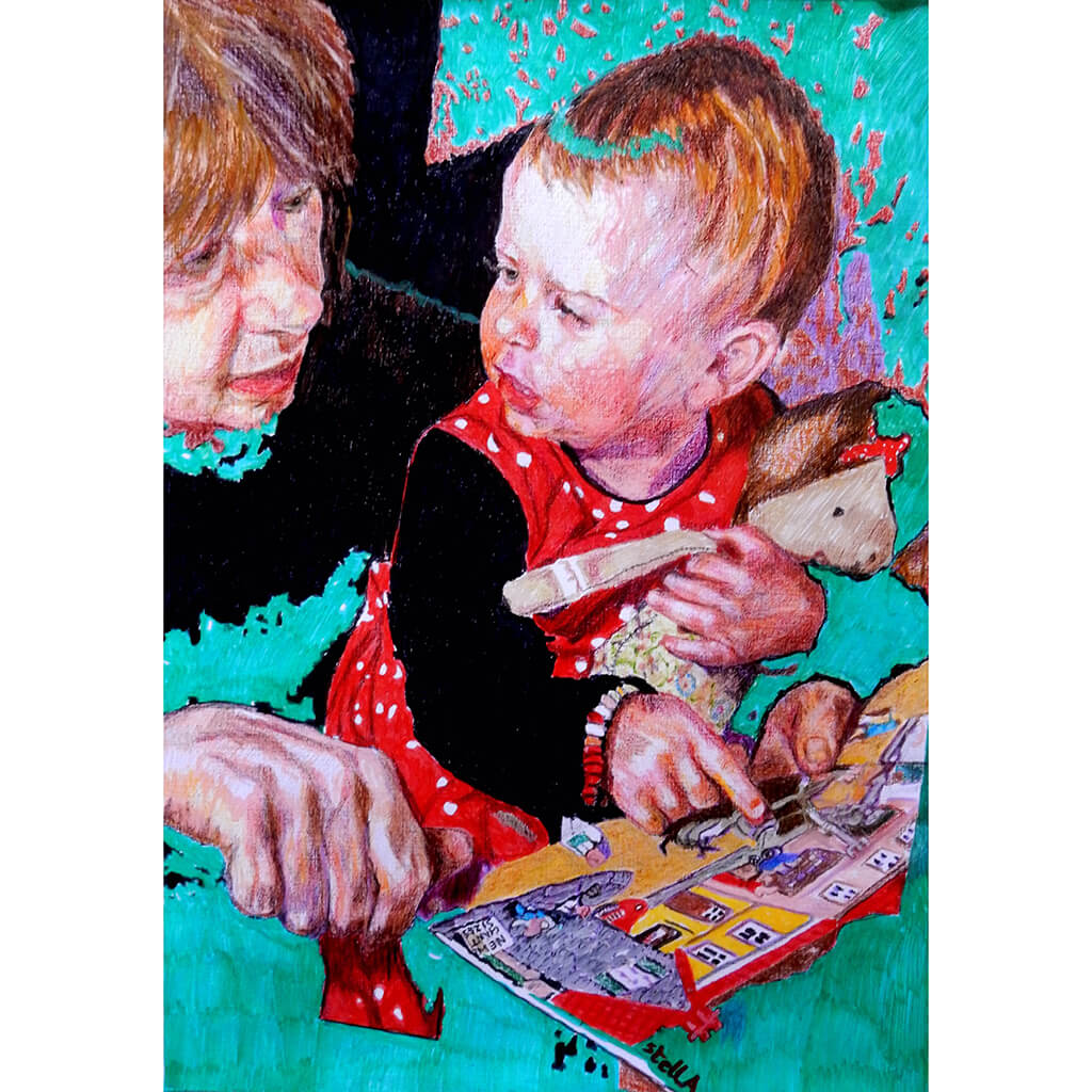 The Smartest Giant in Town by Stella Tooth is a charming original pencil on paper drawing of a little girl and her mum reading a book