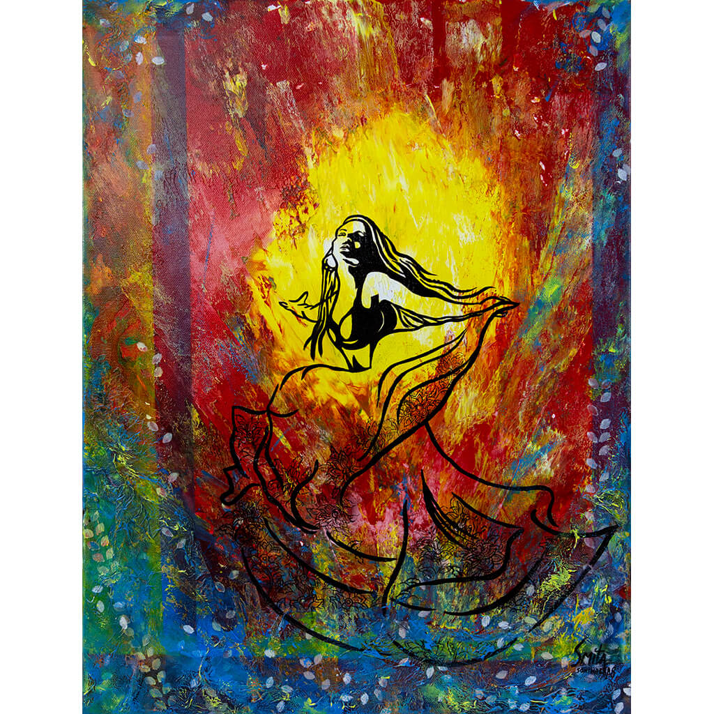 The Spark by London artist Smita Sonthalia original acrylic on canvas painting of a woman dancing against bright colours