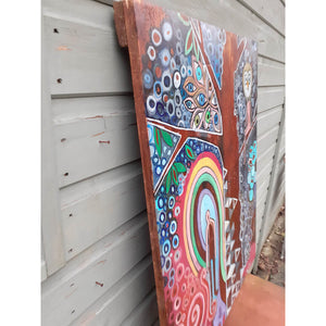 The Tree of Life by Wilf Frost original artwork painted in multi colours onto an antique wooden drafting board side