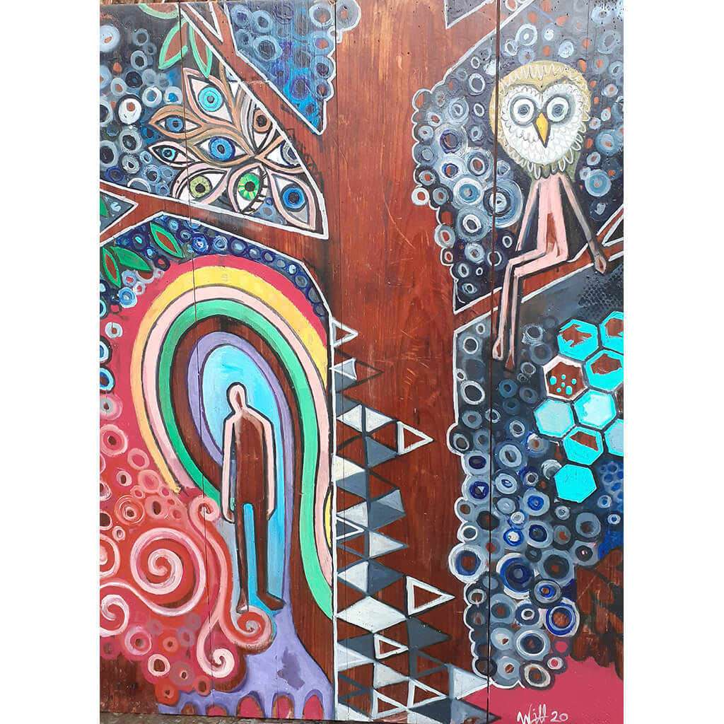 The Tree of Life by Wilf Frost original artwork painted in multi colours onto an antique wooden drafting board