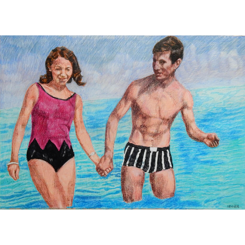 The Young Ones seaside swimmers pencil on paper in aqua blue deep pink and black by London based portrait artist Stella Tooth
