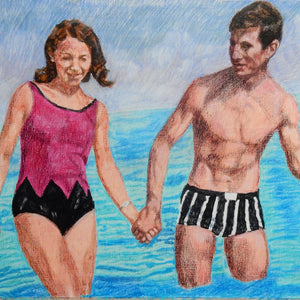 The Young Ones seaside swimmers pencil on paper in aqua blue deep pink and black by London based portrait artist Stella Tooth detail