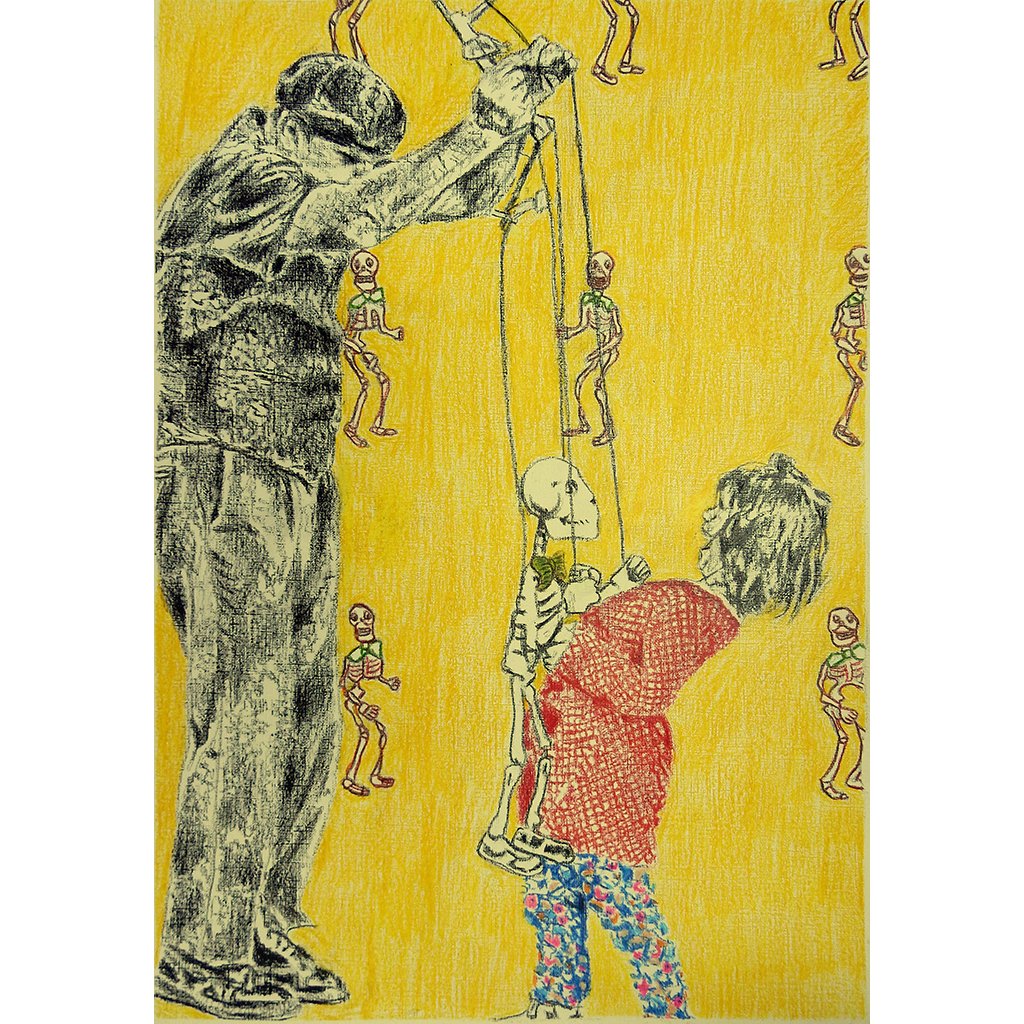 Mr Bones and puppeteer pencil on paper drawn artwork by Stella Tooth
